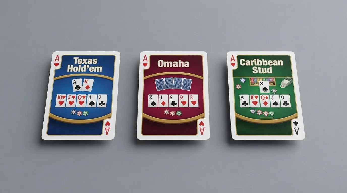Tres cartas de poker sobre tapete verde mostrando manos de Texas Hold'em, Omaha y Caribbean Stud con sus nombres