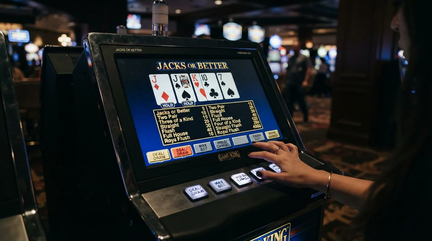 Pantalla de máquina de video poker online con una mano de Jacks or Better y la tabla de pagos 9/6 visible